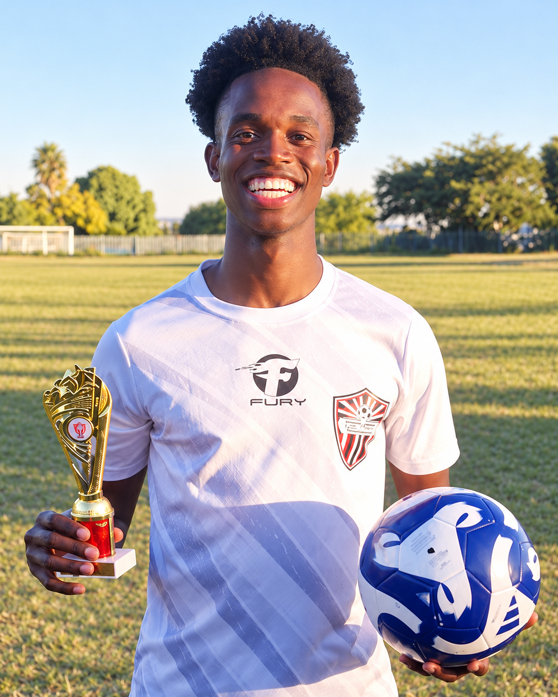 Clifordjunior Sean holding a trophy and football